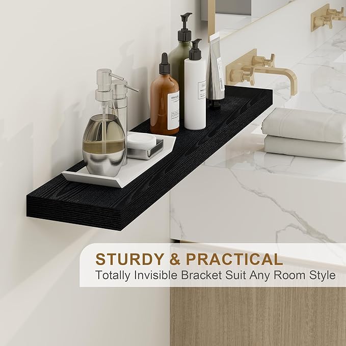 Fun Memories Floating Shelves for Wall, 36Inch Floating Shelves Set of 2, Hanging Shelf with Invisible Brackets, Bathroom Shelves for Living Room, Bedroom, Kitchen- Black