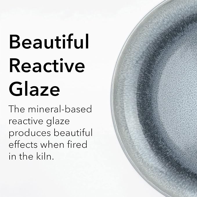 FAIT Round Stoneware 16pc Dinnerware Set for 4, Dinner Plates, Side Plates, Cereal Bowls, Mugs - Reactive Glaze Grey (448158)