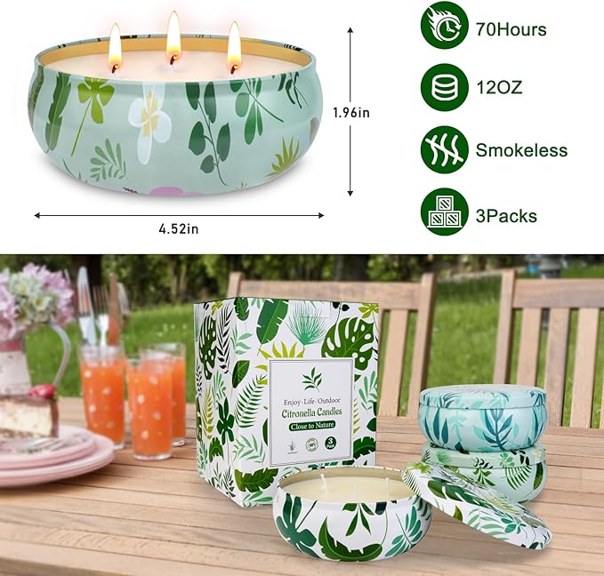 Citronella Candles Outdoor, 3-Wick Large Citronella Candles for Patio, 3 Packs Natural Soy Wax Summer Candle Set, 200 Hours Long Lasting Burning Lemongrass Scented Candle for Garden Balcony Camping