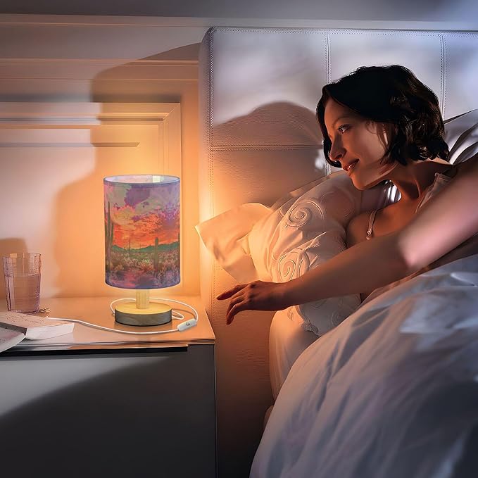 Table Lamp Pretty Cactus Desert Sunset Nightstand Lamp with Wood Base Fabric Lamp Shade Bedside Desk Lamp for Living Room Bedroom Kids Room Office