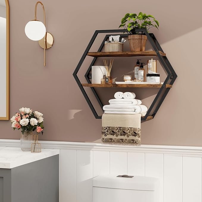 Hexagon Shelves for Wall, Hexagon Floating Shelves, Decorative Geometric Shelf for Wall Decor, Farmhouse Style Shelves for Bathroom Living Room, Rustic Brown Black