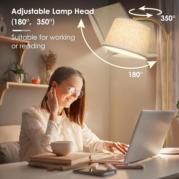 Arc Floor Lamps for Living Room, Modern Floor Lamp with Remote Control and Stepless Dimmable 9W Bulb Included, Gold Tall Standing Lamp with Adjustable Linen Shade for Bedroom Office
