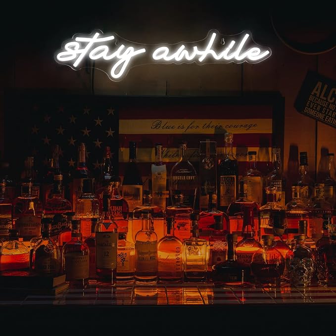 Stay Awhile Neon Signs - IMEGINA Dimmable LED Neon Sign for Wall Decor 19.7x5 Inch, USB Powered Neon Light for Bar Bedroom Home Room Pub Party (White)