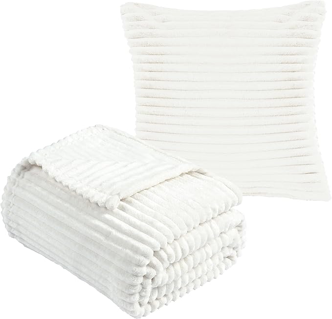 Vessia Flannel Fleece White Throw Blanket(50x71 Inch) for Couch with Pillow Cover(18 * 18 Inch), Warm Cozy Soft Striped Bed Blanket, Microfiber Ribbed Sofa Throw for All Season