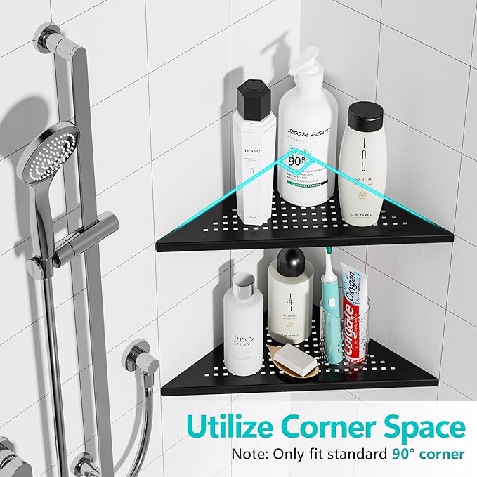 Corner Shower Shelves, 10” Recessed Tile Shower Shelf Matte Black, 304 Stainless Steel Grout in Corner Tile Bathroom Shelves, No Drilling, 2 Pack