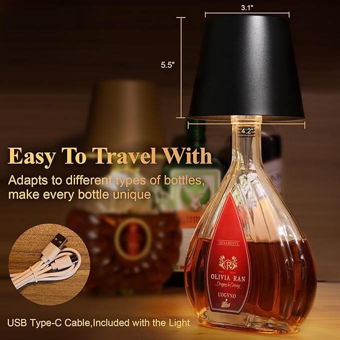 Wireless Bottle Lamp, 2025 New 3 Color Rechargeable Wine Bottle Lights, Bottle Lamp Shade with Touch Dimming for Bedroom, Bar, Restaurants and Outdoor Use (Black)