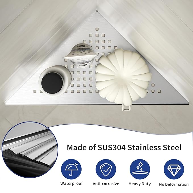 Corner Shower Shelf, 304 Stainless Steel 10" Brushed Recessed Shelf for Bathroom, Grout in Shelf for Tiled Wall, No Drilling Needed