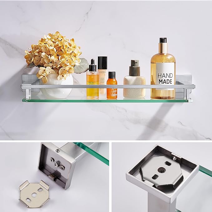 Bathroom Shelves Glass Shelf 20-Inch Brushed Nickel Floating Tempered Glass Shelf Rectangular Modern Stainless Steel Wall Mount Shelves for Shower Bathroom Kitchen Organizers Accessories,A7613BN