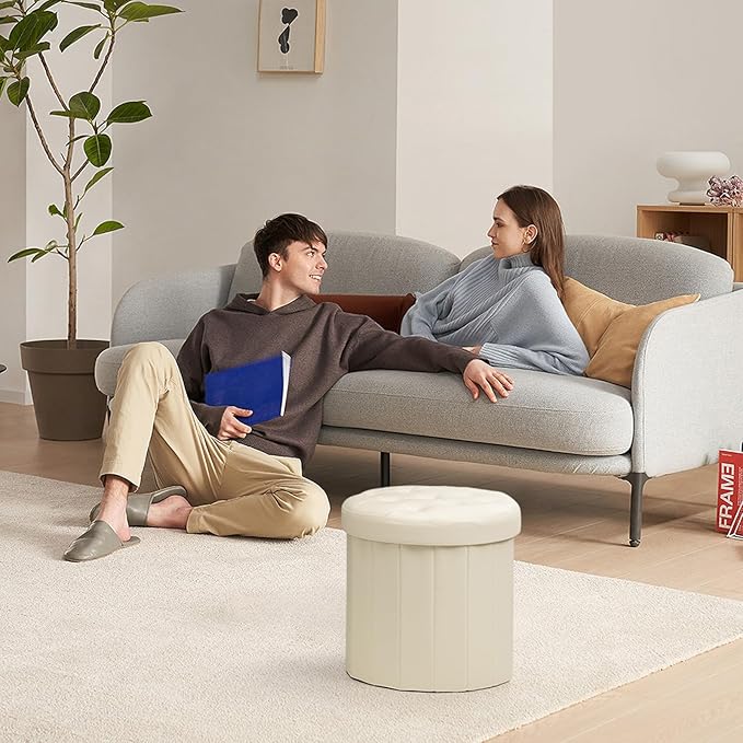 Bsketa® Folding Storage Ottoman Round 14" x 14" x 13"Inch, Foot Stool with Thicker Foam Padded Seat Small Leather Storage Ottoman Bench Foot Rest for Living Room Foldable Coffee Table, Beige