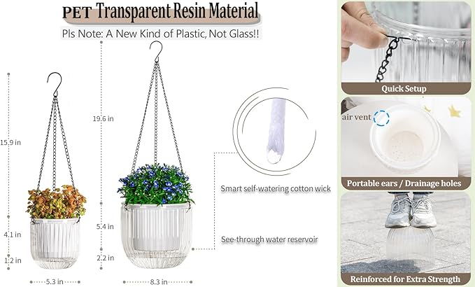 Melphoe 2 Pack Self Watering Hanging Planters Indoor Flower Pots, 5.3/8.3 Inch Outdoor Hanging Basket, Plant Hanger with 3Hooks Drainage Holes for Garden Home (White)