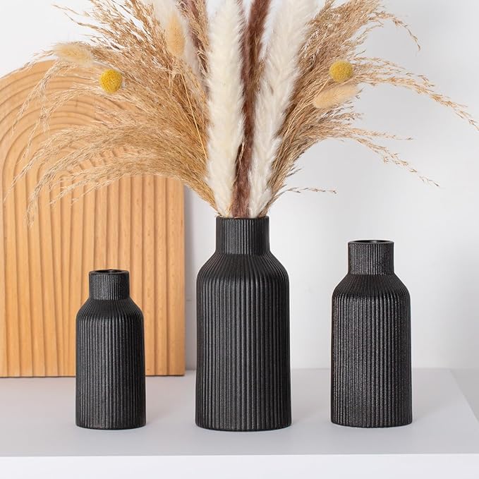 Black Ceramic Flower Vase Set of 3, Pampas Grass Small Vase for Dining Table, Shelf Decor, Mantel, Entry Decor and Centerpieces, Minimalist Modern, Bohemian