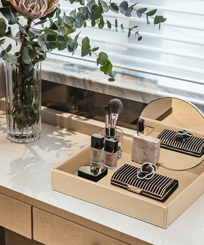 HofferRuffer Faux Leather Vanity Tray, Elegant Desktop Storage Organizer, Decorative Catchall Perfume Tray, Bathroom Valet Tray, Nightstand or Dresser Organizer, 10.2 x 8.4 x 1.8 inches (Beige)