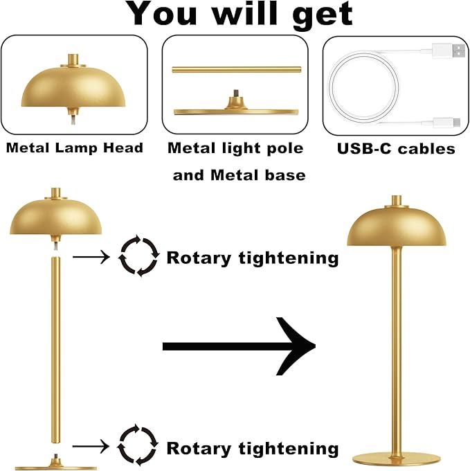 2 Pack Cordless Table Lamp, 5000mAh Portable Rechargeable Table Lamp, 3 Color Modes Stepless Dimming Table Light with Memory Function, for Dinner, Patio, Home, Restaurant.(Gold)