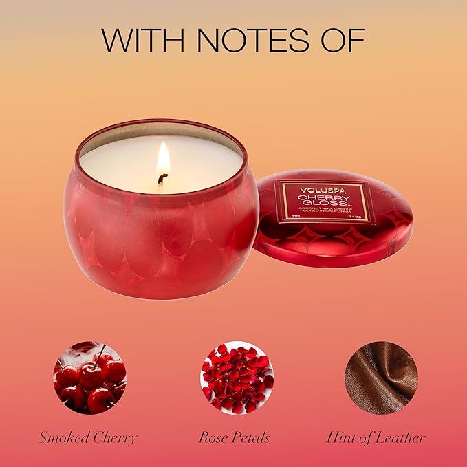 Voluspa Cherry Gloss Mini Tin Candle, 4 oz, Coconut Wax Blend, Scented Candles for Home, 25 Hour Burn Time, Fruity Candle, Handcrafted in The USA