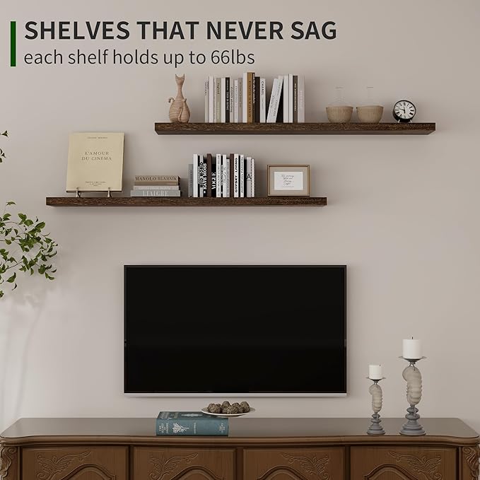 Marsmiles Wood Floating Shelves for Wall Set of 2, 48 Inch Wide Rustic Wooden Floating Shelves, Invisible Wall Mounted Display for Living Room Bedroom Kitchen Bathroom Office, Rustic Brown