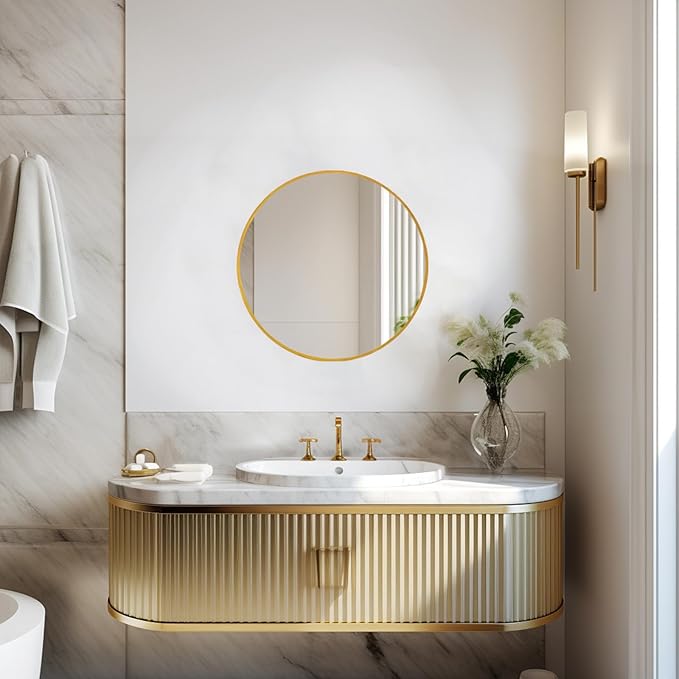Round Mirror 18 inch, Gold Round Mirror, Gold Metal Frame, Gold Mirrors for Wall, Bathroom, Bedroom, Vanity, Hallway.