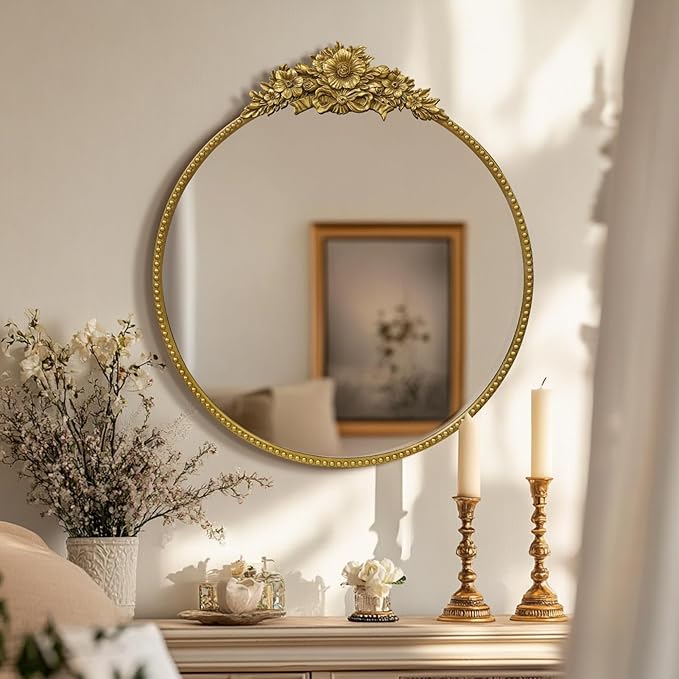Round Baroque Style Antique 24" Metal Circle Vintage Mirror, Wall Mounted Decorative Mirror for Entryway,Bathroom,Vanity, Retro Gold