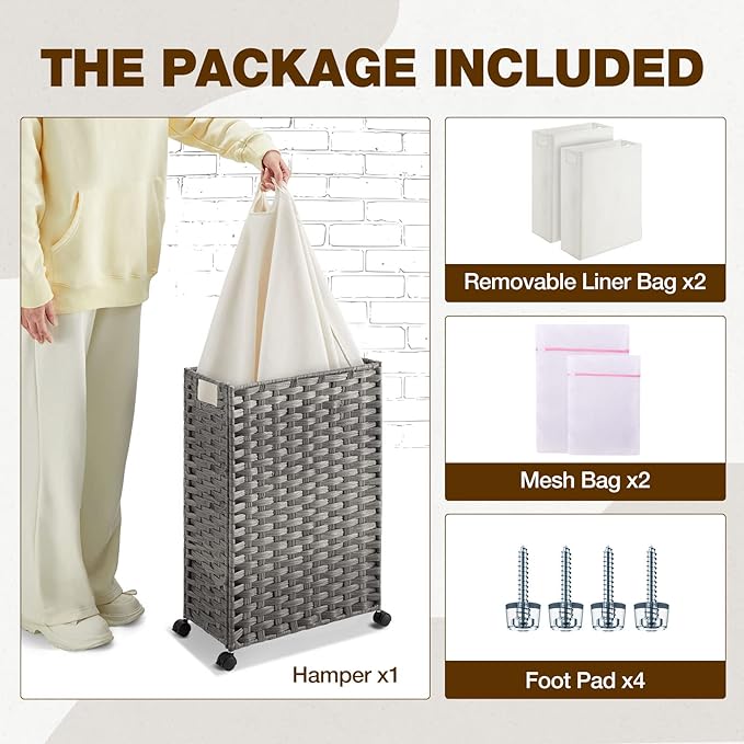Greenstell Laundry Hamper with Wheels, 11.9 Gallon (45L) Small Clothes Hamper with 2 Removable Liner Bags & 2 Mesh Bags, Slim Rattan Laundry Basket for Bathroom, Bedroom, Grey