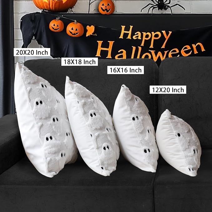 4TH Emotion Halloween Ghost Decorative Lumbar Pillow Covers 12x20 Set of 2, White Soft Plush Faux Fur Farmhouse Throw Cushion Cases for Fall Autumn Holiday Home Decorations