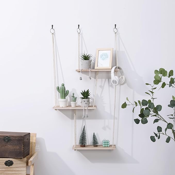 LOSOUR Hanging Shelves for Wall, 3 Tier Boho Wall Decor Hanging Plant Shelf Floating Shelves Rope Rustic Wood Organizer Storage Hanger Rack for Bedroom Kitchen Bathroom Living Room (Brown, Medium)