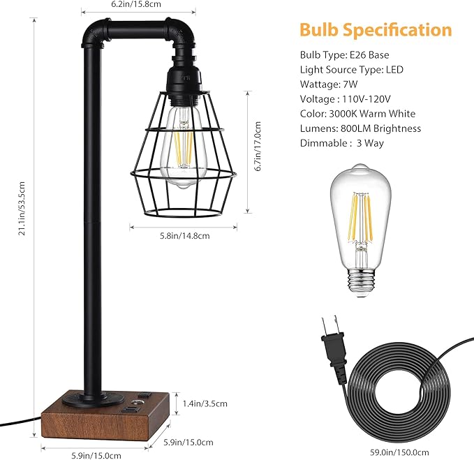 CADUKE Industrial Touch Control Table Lamp, LED Bulb Included, 3 Way Dimmble Lamp with 2 USB Ports and AC Outlet, Bedside Nightstand Desk Lamps with Metal Cage Shade for Bedroom Living Room Farmhouse