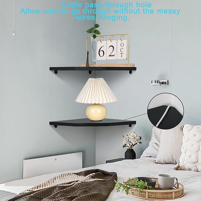 Corner Wall Shelves Set of 2, Rustic Wood Corner Floating Shelves with Cable Raceway, Wall Mount Storage Display for TV Accessories, Baby Monitor, Speaker, Cable Box (Black, Diamond- 10 Inch)