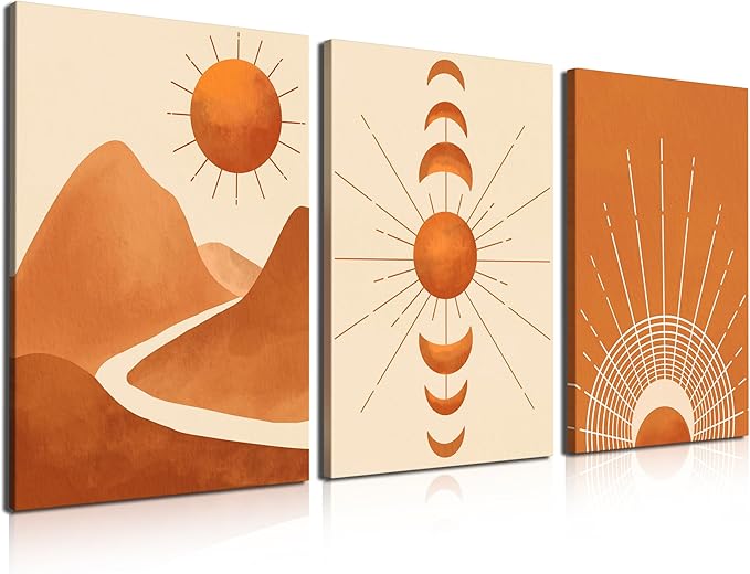 Boho Wall Art Painting Set of 3 Mid Century Modern Wall Decor Framed Canvas Print 12"x16" Minimalist Wall Art Geometric Abstract Modern Neutral Boho Wall Art Decor for Living Room Bathroom