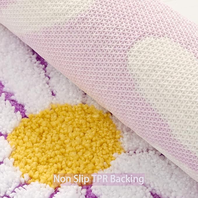 QJHOMO Purple Bathroom Rugs Cute Daisy Bath Mat White and Yellow Flower Decor Rug Non Slip Floor Carpet Microfiber Bathmat Super Absorbent Machine Washable Bathtub Mats for Shower (24x48 inch)