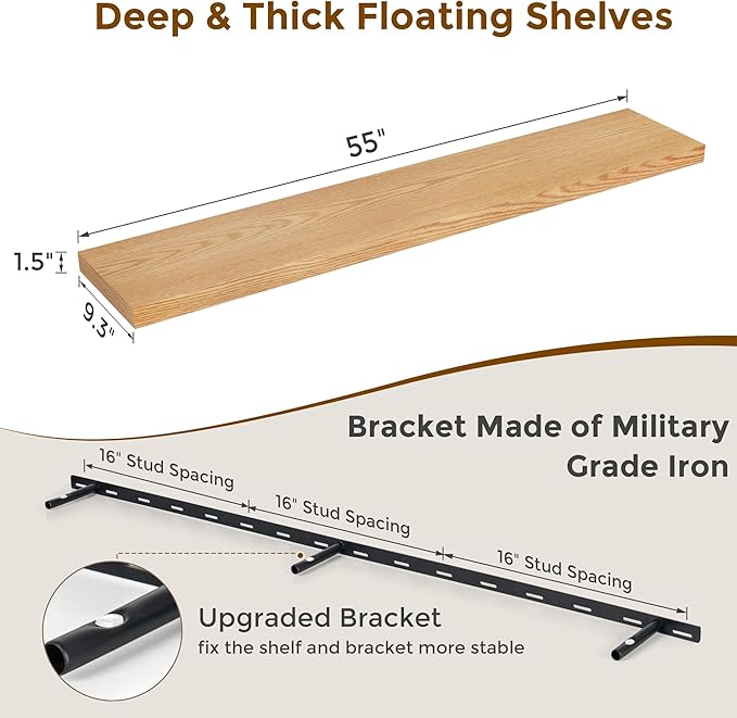 Fun Memories 55 Inch Oak Floating Shelves, 9.3 Inch Deep Wall Mounted Floating Shelf, 55 x 9.3 Large Storage Wall Shelf for Living Room, Floating TV Stand, Farmhouse Rustic 55" Long Fireplace Mantel