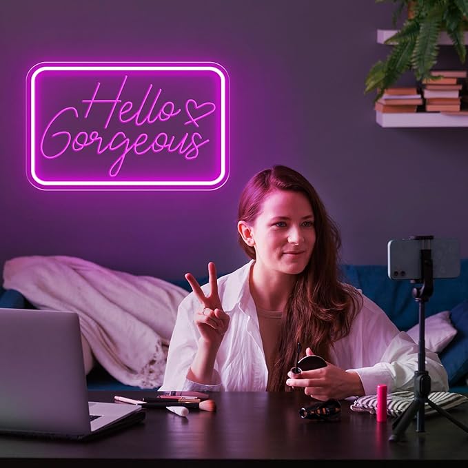 Hello Gorgeous Neon Sign for Wall Decor, Hello Beautiful LED Neon Lights Party Decorations, for Bachelorette Party Birthday Engagement Party Wedding, USB Powered Adjustable Brightness 16X10 inch
