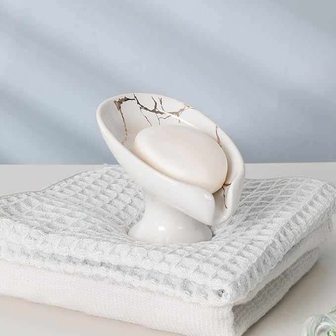 Soap Dish Set, Self Draining Bar Soap Holder for Bathroom Sink, Leaf Shaped Drainage Ceramic White Marble Porcelain Soap Dishes, Kitchen Decorative Soap Dish 2PACK, ANTIS'S HOME