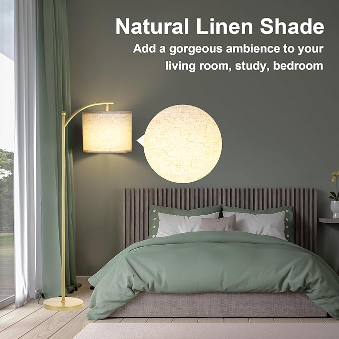 Floor Lamp for Living Room, Dimmable Standing Lamp Tall with Linen Shade Modern Floor Lamps Foot-Step Switch Reading Lamp for Living Room Bedroom Office Dining Room, 9W Bulb Included (Gold)