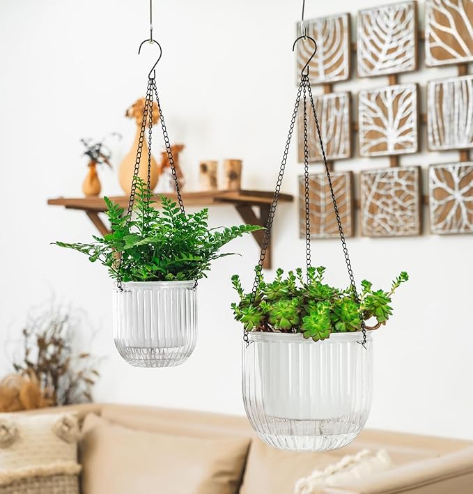 Melphoe 2 Pack Self Watering Hanging Planters Indoor Flower Pots, 5.3/8.3 Inch Outdoor Hanging Basket, Plant Hanger with 3Hooks Drainage Holes for Garden Home (White)