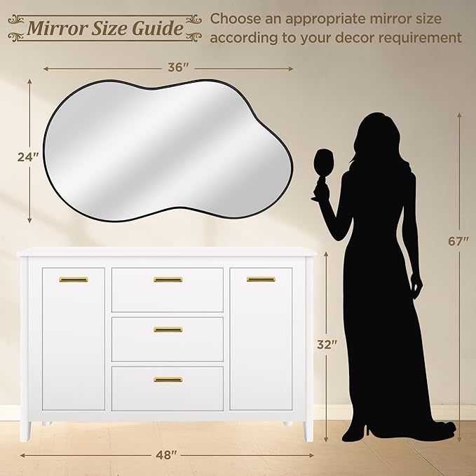 Irregular Wall Mirror - Wall Mirrors Decorative 24"x36" Black Asymmetrical Mirror Tempered Glass Aviation Aluminum Alloy Frame for Bathroom, Bedroom, Living Room, Cloakroom, Entryway