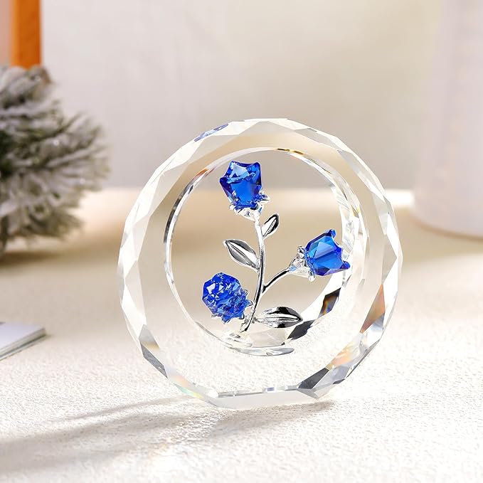 Crystal Blue Rose Bouquet Figurines Glass Flowers with Stems Valentines Anniversary Rose Gifts for Girlfriend Wife, Blue Crystal Rose in Glass Ring Collectible Figurines Forever Roses Decor