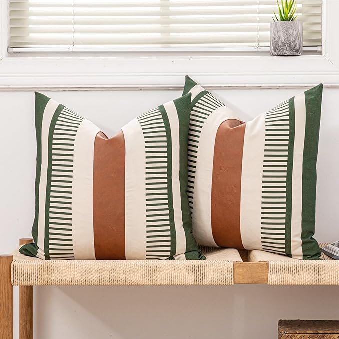 Decorative Farmhouse Throw Pillow Covers 18x18 Accent Faux Leather Pillowcase Rustic Boho Decor,Olive Green and Beige (Cover ONLY, Pack of 2)