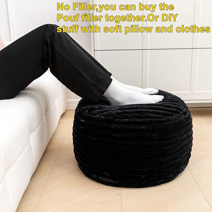 Asuprui Pouf Ottoman Unstuffed Ottoman Foot Rest Floor Pouf 20x20x12 Inches Round Bean Bag Chair Foldable Floor Chair Storage for Living Room Bedroom Black Stripe