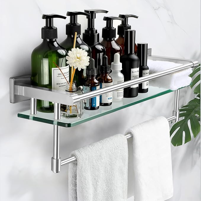 Glass Bathroom Shelf with Towel Bar, Stainless Steel Tempered Towel bar/Track Glass Bathroom Shelves Wall Mount Over The Toilet (Brushed Nickel, 20-inch)