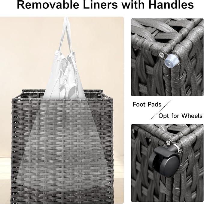 88L Slim Laundry Hamper with Wheels, 23.3 Gallon Rolling Laundry Basket with Lid, Tall and Narrow Laundry Hamper with 2 Removable Liner & 3 Mesh Laundry Bags, Laundry Sorter for Bathroom, Grey