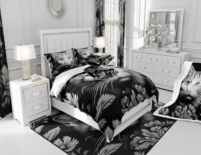 Feelyou Cute Cat Shower Curtain Kids Black White Cat Fabric Shower Curtain 3D Print Bathroom Waterproof Accessories with 12 Hooks for Women Men Flower Pattern Curtains,72x78 Inches