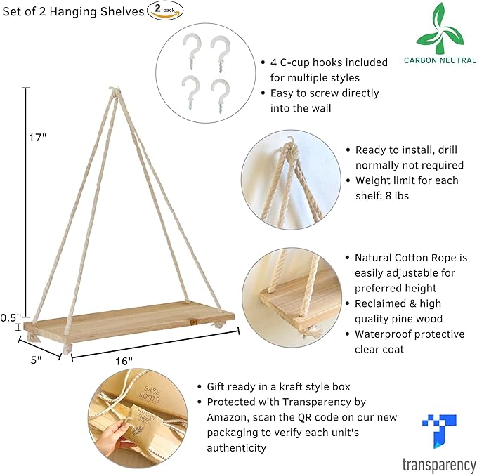 BASE ROOTS Hanging Shelves for Wall, Plants Hanging Shelf, Macrame Wall Hanging, Floating Shelves Boho Rope, Lightweight Rustic Wood, Triangle Floating Shelves Easy Hanging Shelves no Drill Set of 2