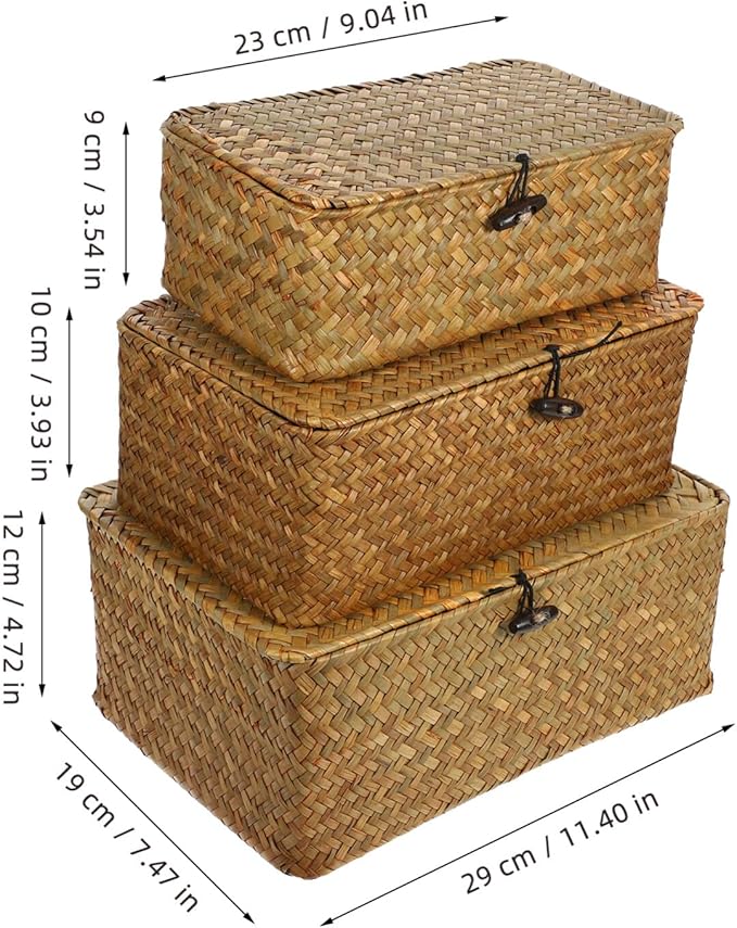 IMIKEYA 3pcs Seaweed Baskets with Lids: Woven Baskets Seagrass Storage Woven Basket Straw Desktop Rattan Storage Basket Hand-Woven Storage Basket for Shelf Desktop Home Decor