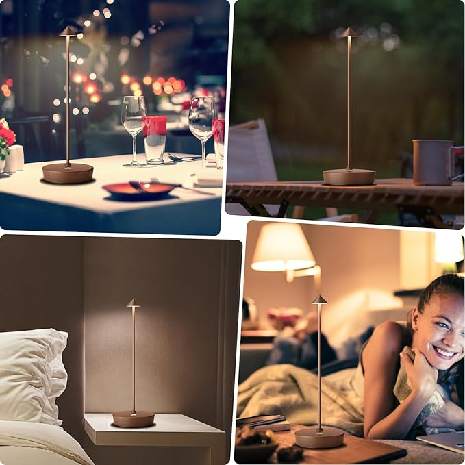 Rechargeable Cordless Table Lamp, Portable Powered LED Battery 6000mAh Metal USB Desk Lamp, 3 Levels Brightness Light for Restaurants Outdoor (Coffee)