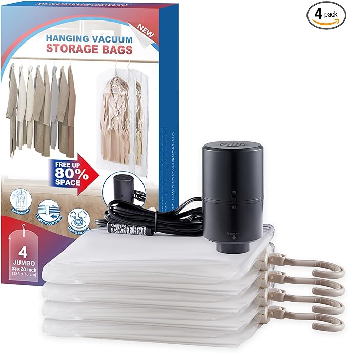 Hanging Vacuum Storage Bags, 4 Pack Hanging Storage Bags for Clothes With Electric Pump, Vacuum Sealed for Suits, Dress, Jackets (4 Long)
