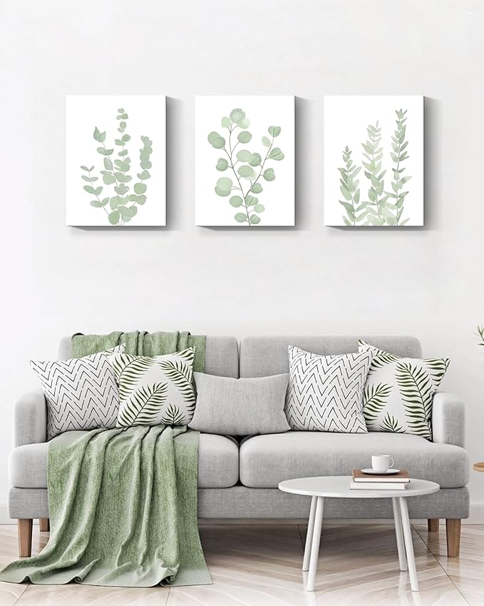 Botanical Eucalyptus Canvas FRAMED Wall Art,Boho Plant Wall Decor for Bedroom,Minimalist Prints for Living Room,Light Green Botanical Art Painting for Bathroom,Set of 3,12”x 16”