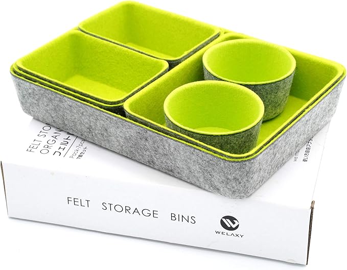 Welaxy Drawer organizers bins felt trays desk storage bins dividers small drawers for office supplies 7-piece Pack back to school college gift idea (Green)