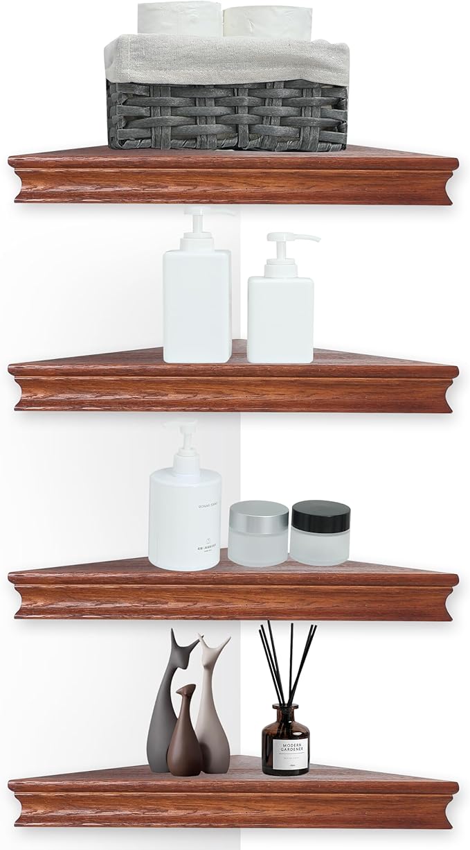 Corner Floating Shelf for Wall Set of 4,Triangular Corner Shelves Wall Mounted for Bedroom,Living Room,Bathroom,Kitchen-Dark Walnut