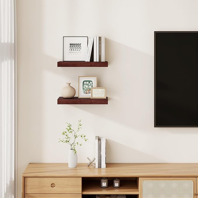 Floating Shelves for Wall, Real Wood Floating Shelf Set of 2, 8 Inch Deep Floating Shelves, Rustic Wood Wall Shelf for Home Decor, Deep Storage Shelves for Bathroom, Kitchen, 16"W x 8"D, Walnut Color