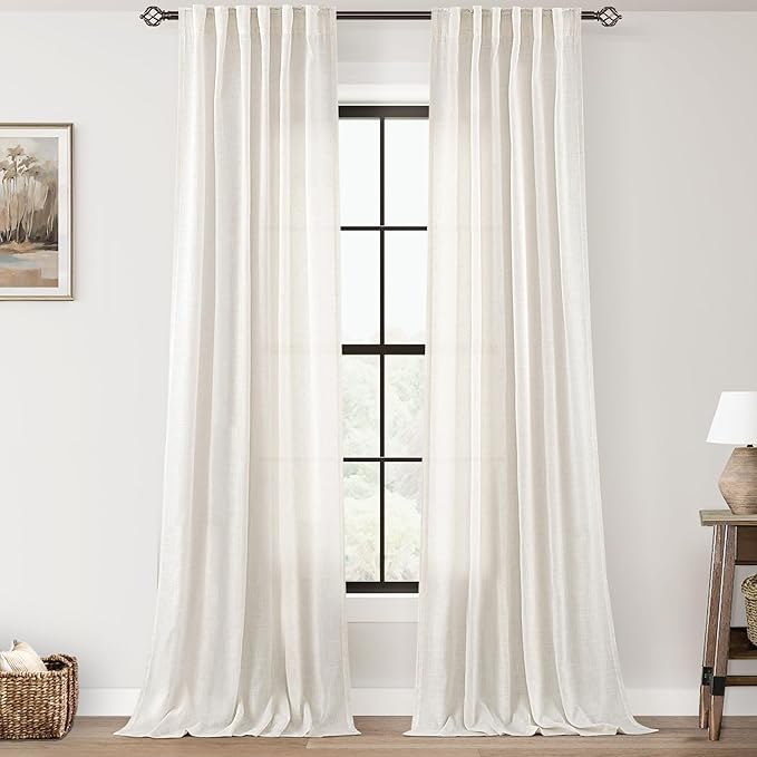 2 Panels Set Cream Linen Curtains 108 inches Long For Living Room Neutral Farmhouse Light Filtering Semi Sheer Linen Drapes 108 inch Ceiling To Floor For Large Window Villa Hallway Ivory FT 42x108