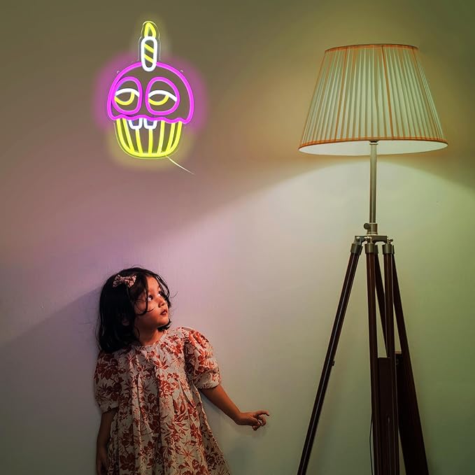 Cupcake Anime Cartoon Neon Signs for Wall Decor, LED Light for Bedroom, Kids' Room, Birthday Decorations, USB Powered, Pink, Yellow, White, 11.8x7.8 inches
